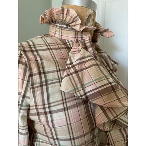 Lauren ralph lauren plaid ruffle front button down shirt peach cream S Petite - Picture 3 of 11